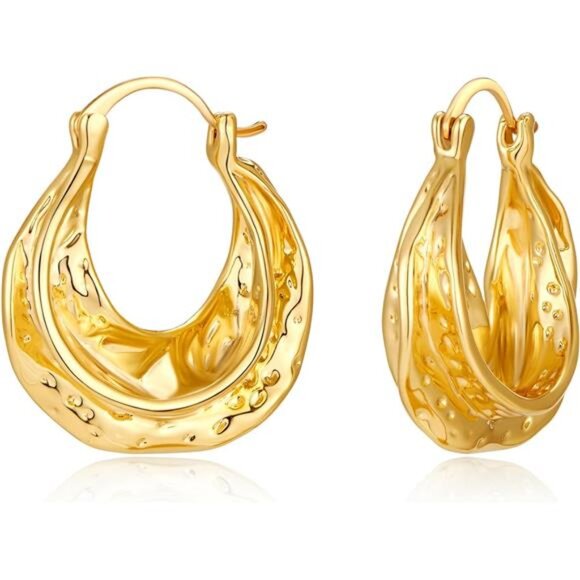 Gold Hammered Hoop Earrings – Textured Twisted Design - Picture 1 of 7